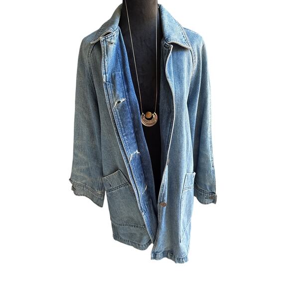 Eddie Bauer Vintage Denim Chore Jacket Rare Back Detail Festival S - Picture 1 of 6